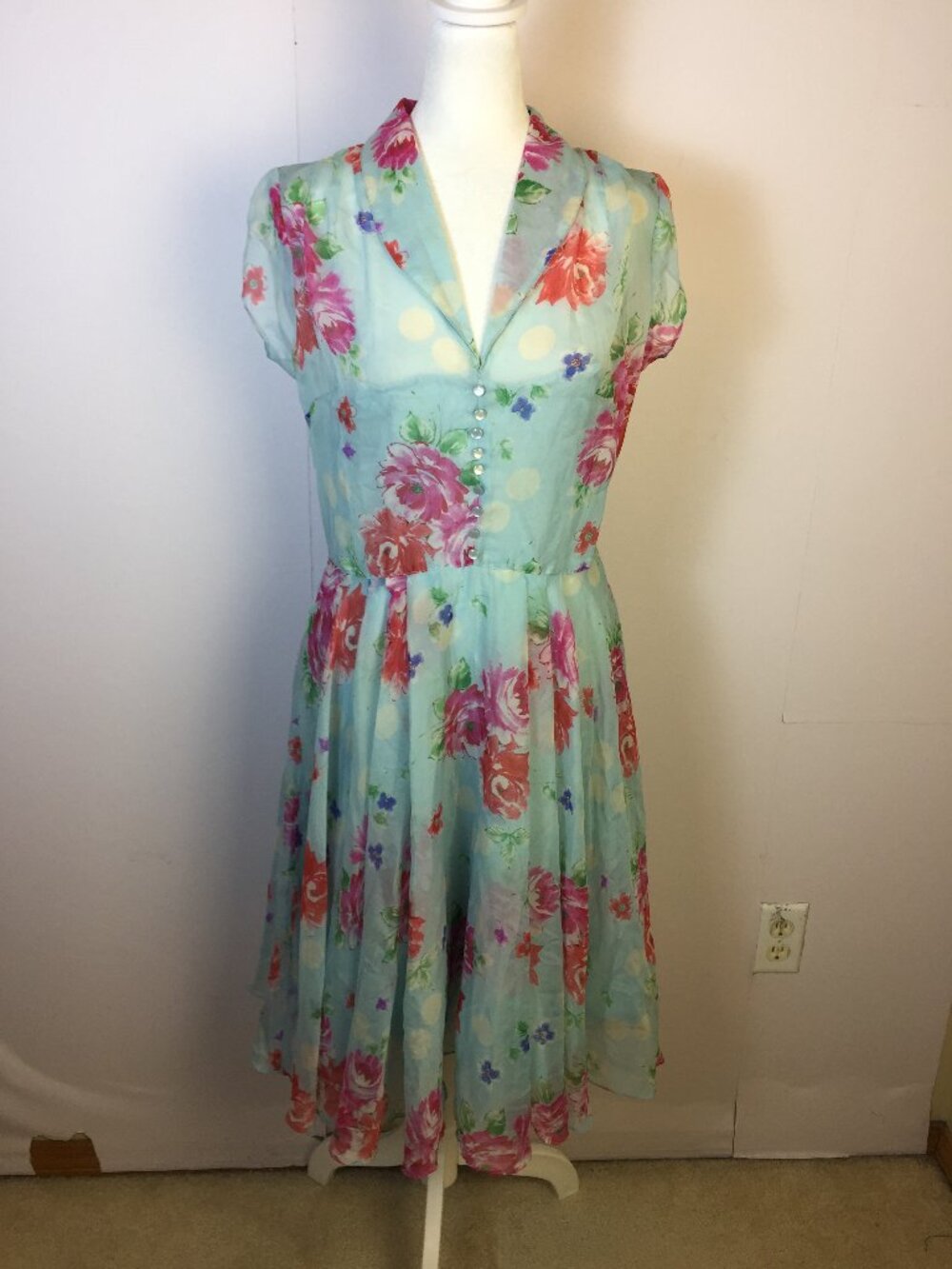 Hell Bunny Vixen Dress Size M Womans Blue Floral Dance Retro Rockabilly Sheer